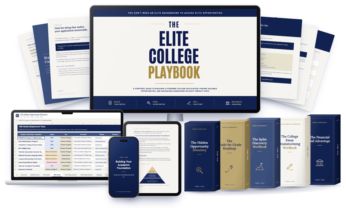 The Elite College Playbook with its five tools: The Hidden Opportunity Directory, The Grade-by-Grade Roadmap, The Spike Discovery Workbook, The College Essay Brainstorming Workbook and The Financial Aid Advantage